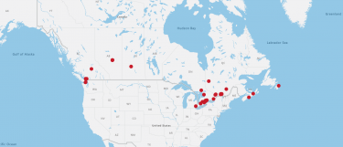 Map of Canada with red dots where HACA members are
